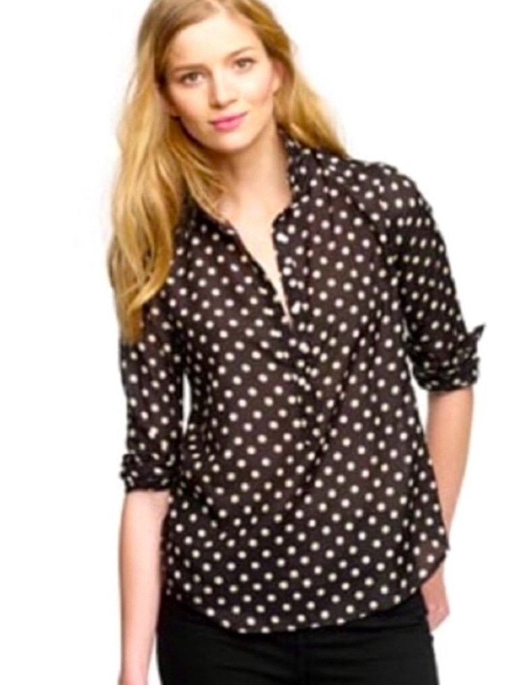 J. Crew Polka Dot Henley Popover Blouse